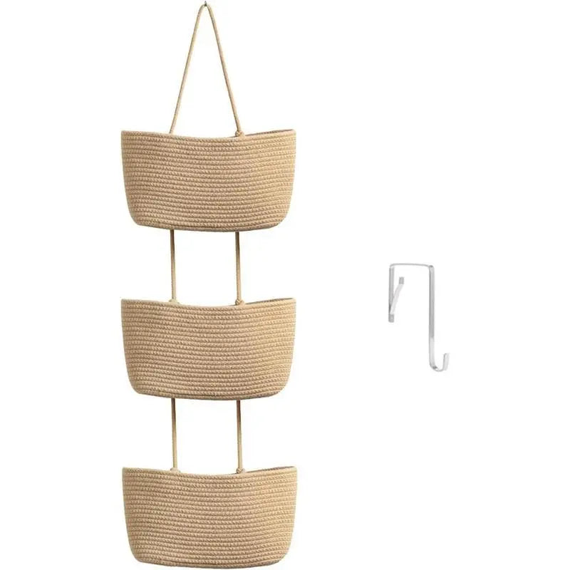 3-Tier Woven Cotton Over-The-Door Hanging Wall Basket, Jute Home Organizer Storage - Woven Cotton Feels Natural, Adds Warm Woven Charm to Any Room, Ideal for Dorm Back-To-School, Baby Wipes & Light Toys Storage, Storage Organizer