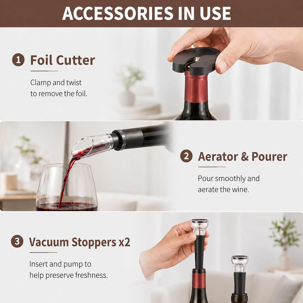 Electric Wine Opener, Rechargeable Automatic Wine Bottle Opener Set | Electric Corkscrew Wine Opener with Foil Cutter, Aerator Pourer, 2 Vacuum Stoppers, Storage Base, Gift for Wine Lovers, Black