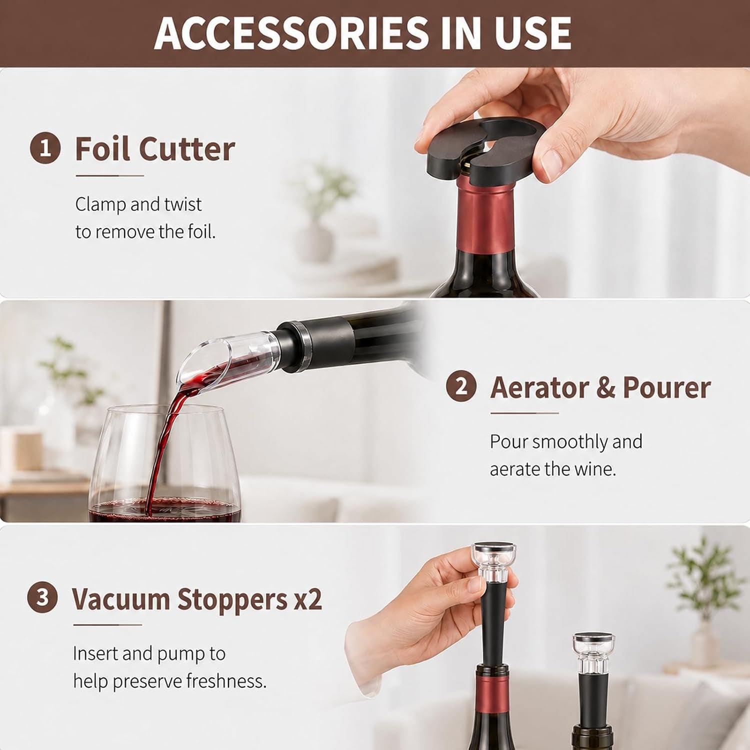 Electric Wine Opener, Rechargeable Automatic Wine Bottle Opener Set | Electric Corkscrew Wine Opener with Foil Cutter, Aerator Pourer, 2 Vacuum Stoppers, Storage Base, Gift for Wine Lovers, Black