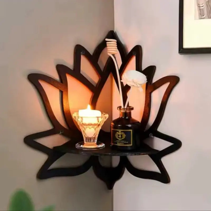 Wooden Hollow Lotus Decorative Rack, Wall-Mounted Corner Shelf for Aromatherapy Essential Oil & Candle Organization
