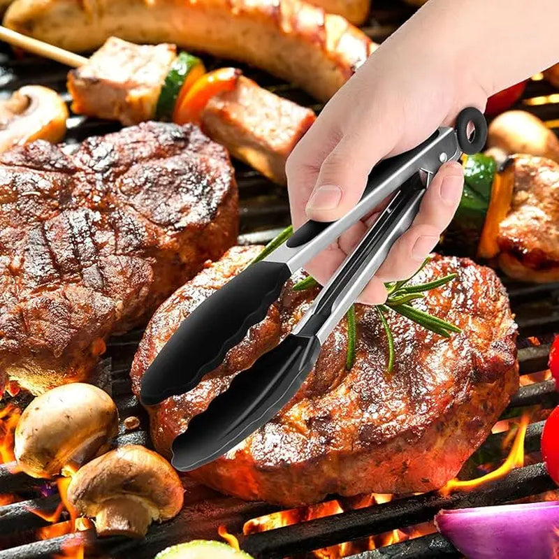 Kitchen Tongs with Silicone Tips - Stainless Steel Heat-Resistant BBQ Tongs Set, Non-Scratch for Nonstick Pans, 10& 13 Inch, Pull Lock Design Utensils