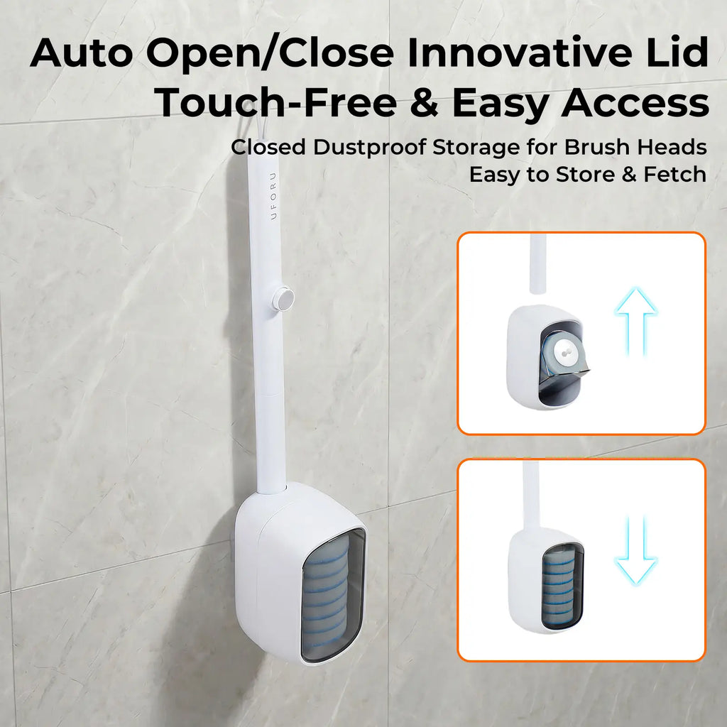 UFORU Disposable Toilet Brush System with Wall Mount Holder, Toilet Cleaning Wand with Built-In Cleaner Refills, No-Touch Press Release Toilet Bowl Scrubber for Bathroom Cleaning