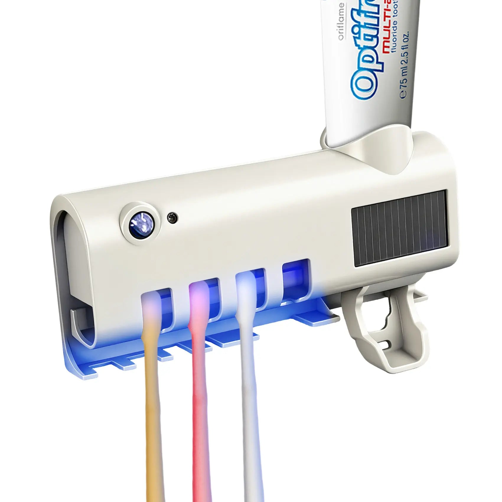 ABS Plastic 4-Slot Family Design Toothbrush Holder Organizers, Space-Saving Wall-Mounted Bathroom Accessory, Drill-Free Self-Adhesive, UV Sanitizer, Integrated Toothpaste Dispenser, Cordless Smart Durable (Box Packaging for Apartments, Small Bathrooms)