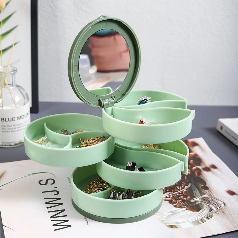 Rotating Four-Layer Jewelry Box Necklace Earrings Ring Bracelet Storage Organizer Multilayer Compartment Storage Box with Mirror