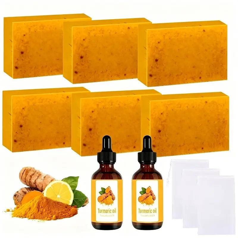 Turmeric Soap & Essential Oil Set, Includes 6 Turmeric Soaps, 2 Essential Oils & 3 Soap Savers, Daily Skincare Set for Men & Women, Shower Gift Set #GLOBAL PICKS