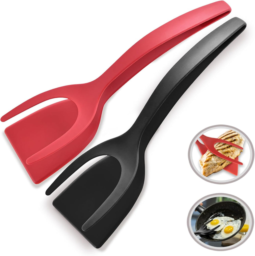 2 in 1 Flipper Spatula with Tongs - Nylon Easy Grip Flip Spatula for Hash Browns, Burgers, Steaks, French Toast, Omelets, Pancakes - Non-Stick Head, Ergonomic Handle, Withstands High Temperatures