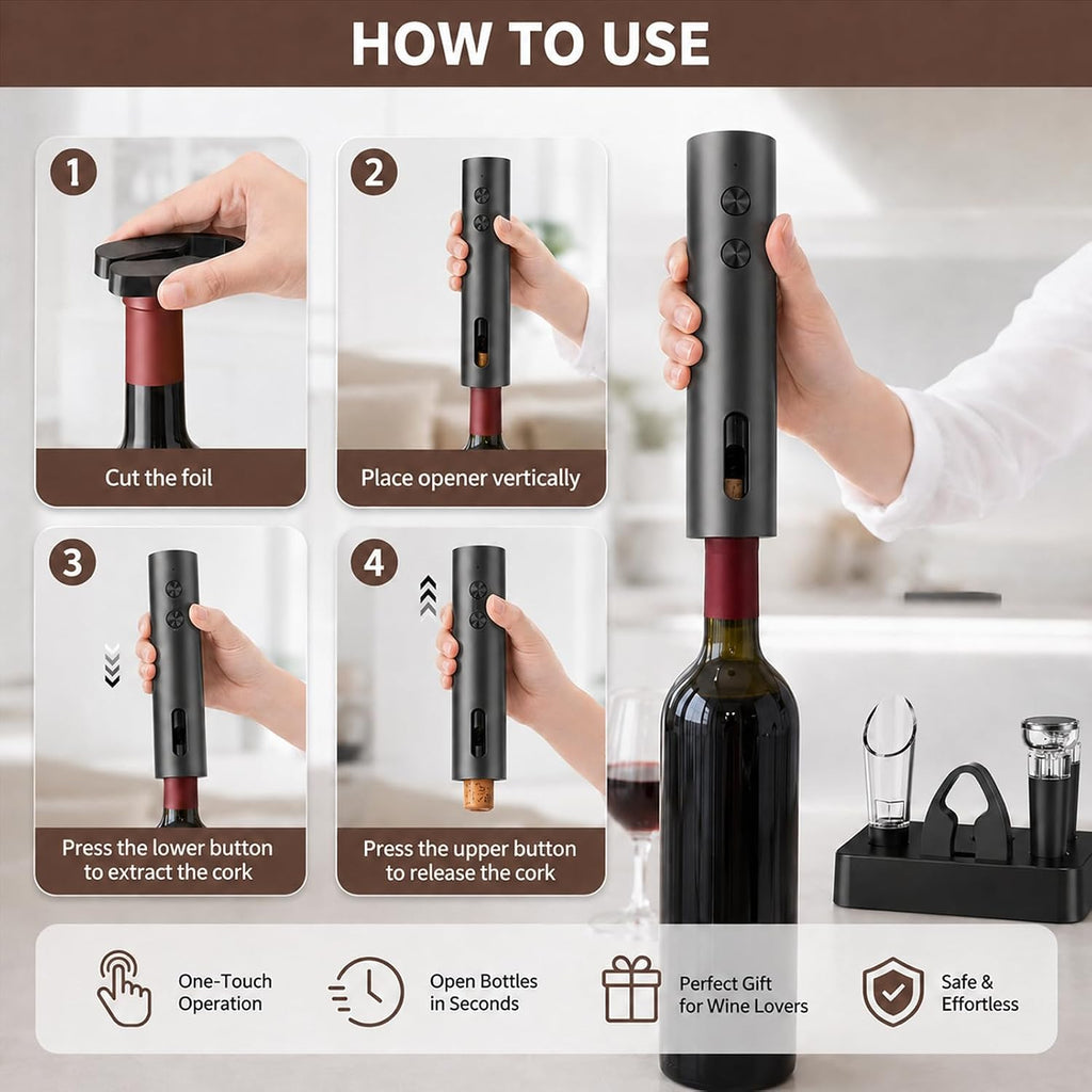 Electric Wine Opener, Rechargeable Automatic Wine Bottle Opener Set | Electric Corkscrew Wine Opener with Foil Cutter, Aerator Pourer, 2 Vacuum Stoppers, Storage Base, Gift for Wine Lovers, Black