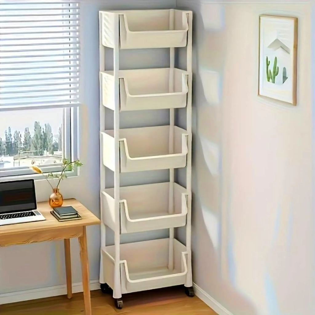 Multifunctional Multi-Layer Plastic Storage Cartwith Wheels, Layered Shelf Organizer for Bedroomkitchen Bathroom Living Room Adjustable Dividers Beige,Dorm Essentials,Home Decor