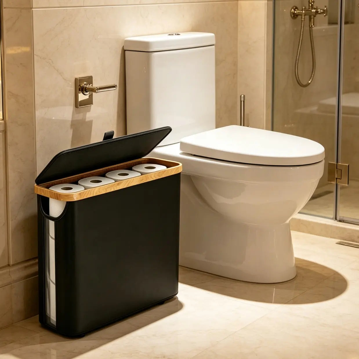 Large Capacity Bamboo Paper Towel Storage Basket | Holds 9-12 Rolls, Dustproof, Beautiful Toilet Paper Storage, 600D Oxford Cloth, Black, Beige, and Gray Colors, Suitable for Modern Fashion Bathroom, Toilet Paper Storage Containers