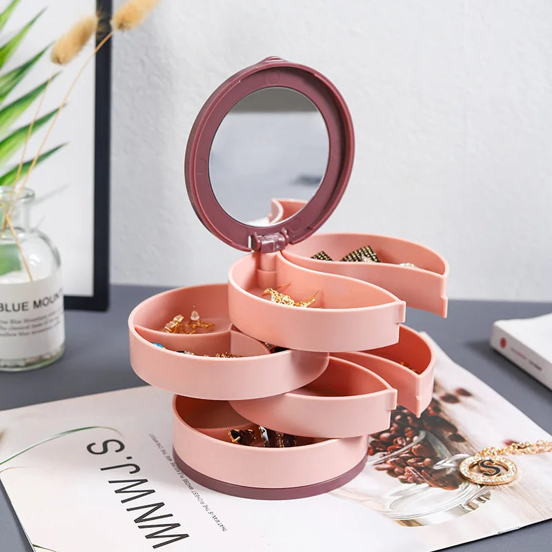 Rotating Four-Layer Jewelry Box Necklace Earrings Ring Bracelet Storage Organizer Multilayer Compartment Storage Box with Mirror