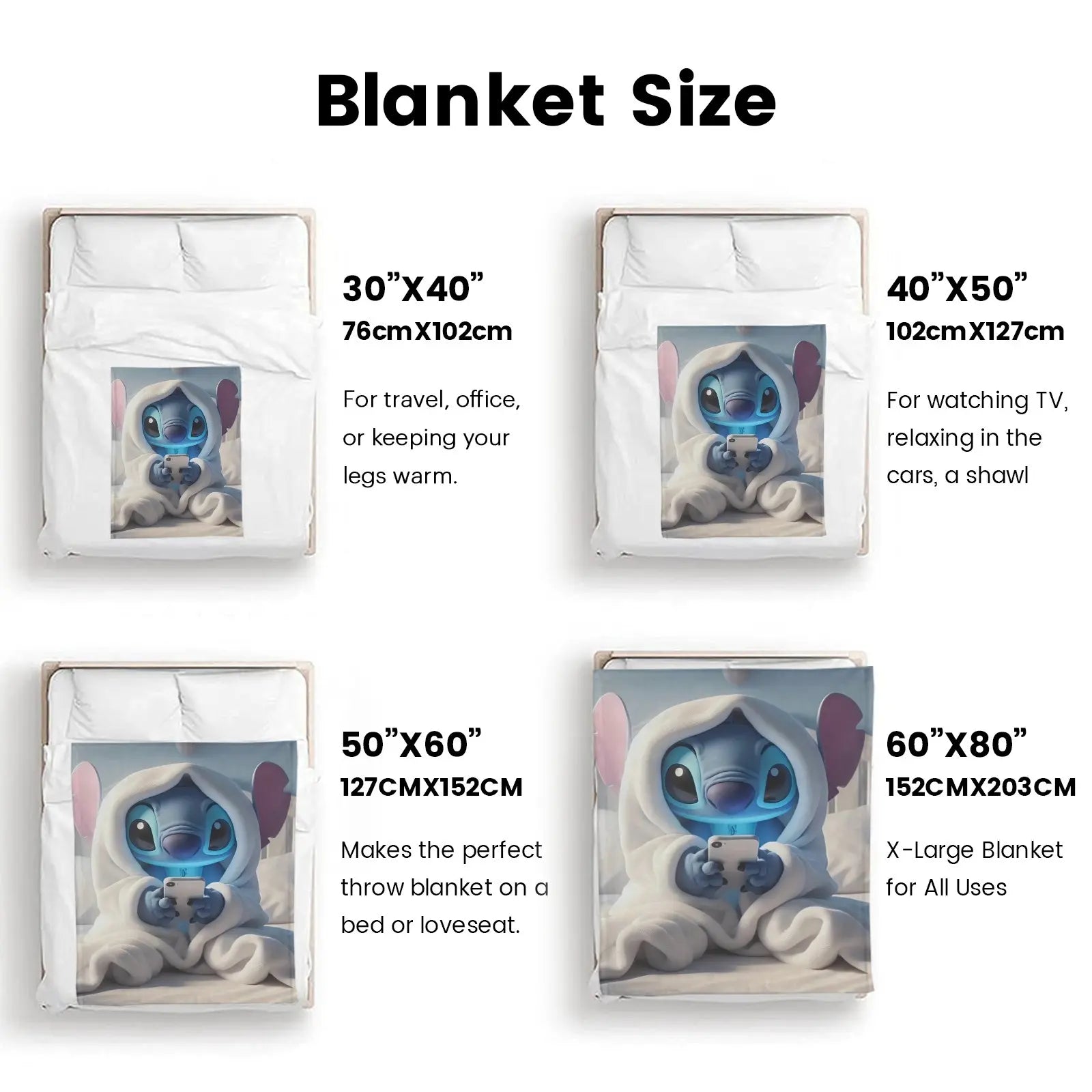 Disney Stitch Printed Throw Blanket, with Phone User Pattern Soft Flannel Cozy All Season Cover for Sofa Bed, Office Teens and Kids