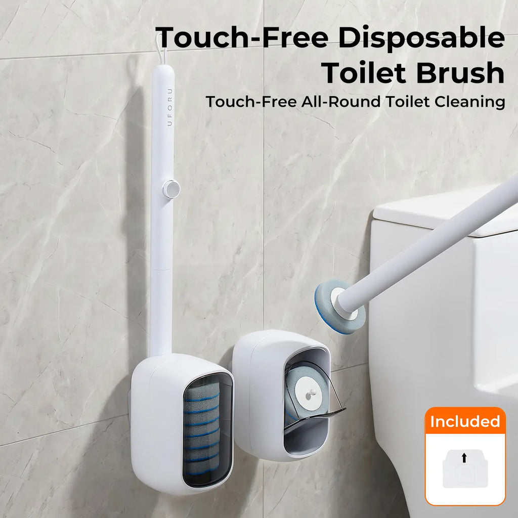 UFORU Disposable Toilet Brush System with Wall Mount Holder, Toilet Cleaning Wand with Built-In Cleaner Refills, No-Touch Press Release Toilet Bowl Scrubber for Bathroom Cleaning