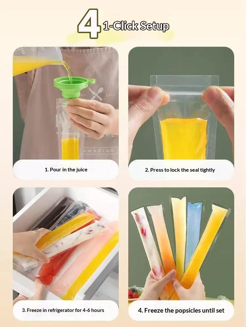 100-Pack Value Disposable Popsicle Mold Bags - Leakproof Zip-Seal Freezer Tubes with Silicone Funnel, Kitchen Utensil for Freezing Juice, Freezer Safe Lolly & Ice Cream Moulds