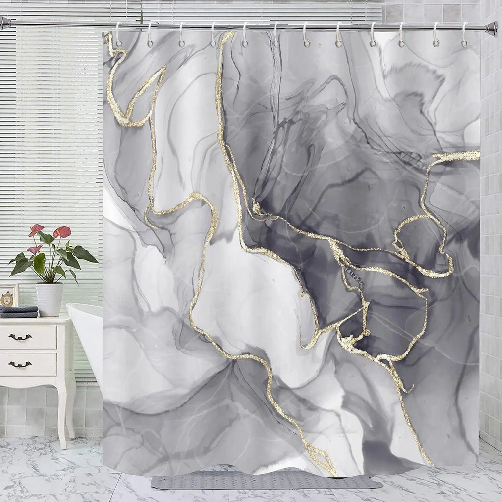 1Pc/4Pcs, Bathroom Curtains Shower, Bathroom Set, Shower Curtains, Shower Curtain Sets, Decorative Bathroom Decor, Bathroom Rug, Home Decoration, Bathroom Mat, Gray Marble Pattern, Modern Luxury Theme Decoration, with 12 Hooks, Restroom