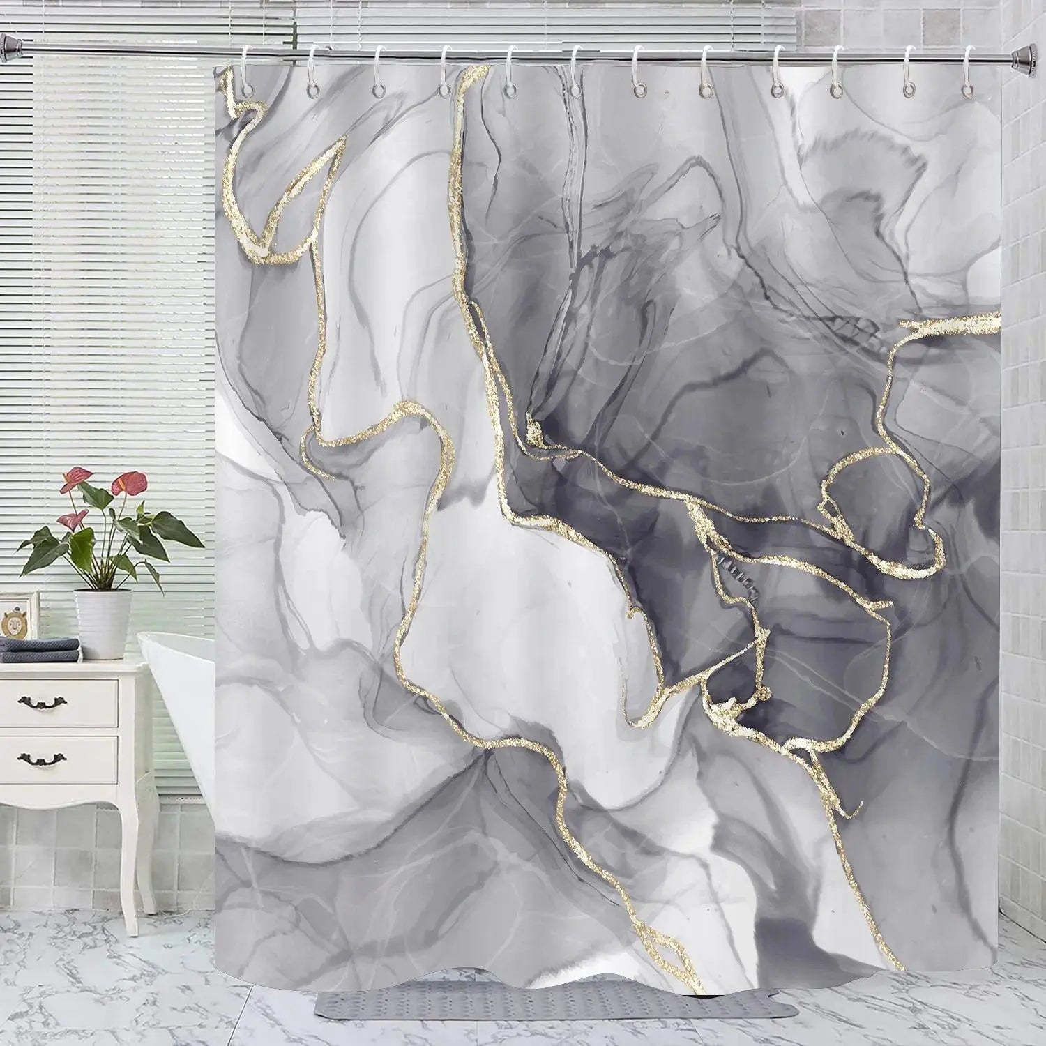 1Pc/4Pcs, Bathroom Curtains Shower, Bathroom Set, Shower Curtains, Shower Curtain Sets, Decorative Bathroom Decor, Bathroom Rug, Home Decoration, Bathroom Mat, Gray Marble Pattern, Modern Luxury Theme Decoration, with 12 Hooks, Restroom