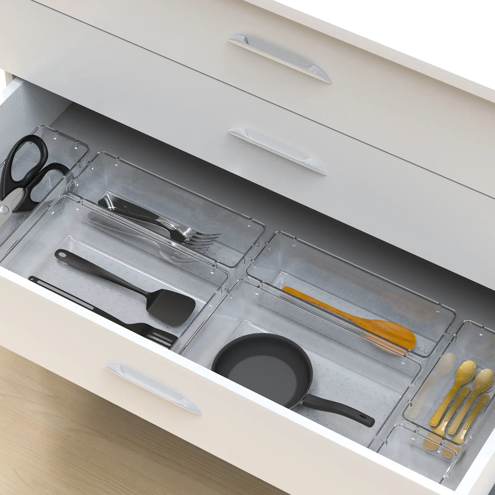 25PCS Clear Plastic Drawer Organizer Set: 4 Sizes Desk Drawer Dividers & Storage Bins for Makeup Jewelry Gadgets Kitchen Bedroom Bathroom Office Organization Home Bathroom Decor Makeup Organizer with Divided Compartments Adjustable Transparent Boxes