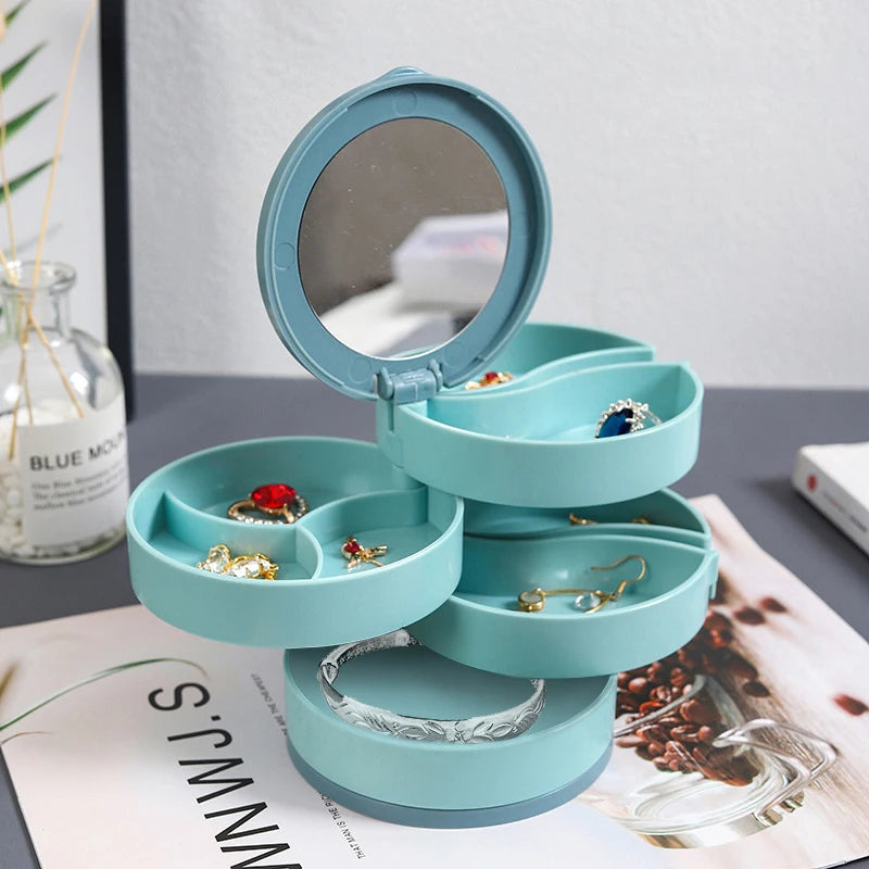 Rotating Four-Layer Jewelry Box Necklace Earrings Ring Bracelet Storage Organizer Multilayer Compartment Storage Box with Mirror