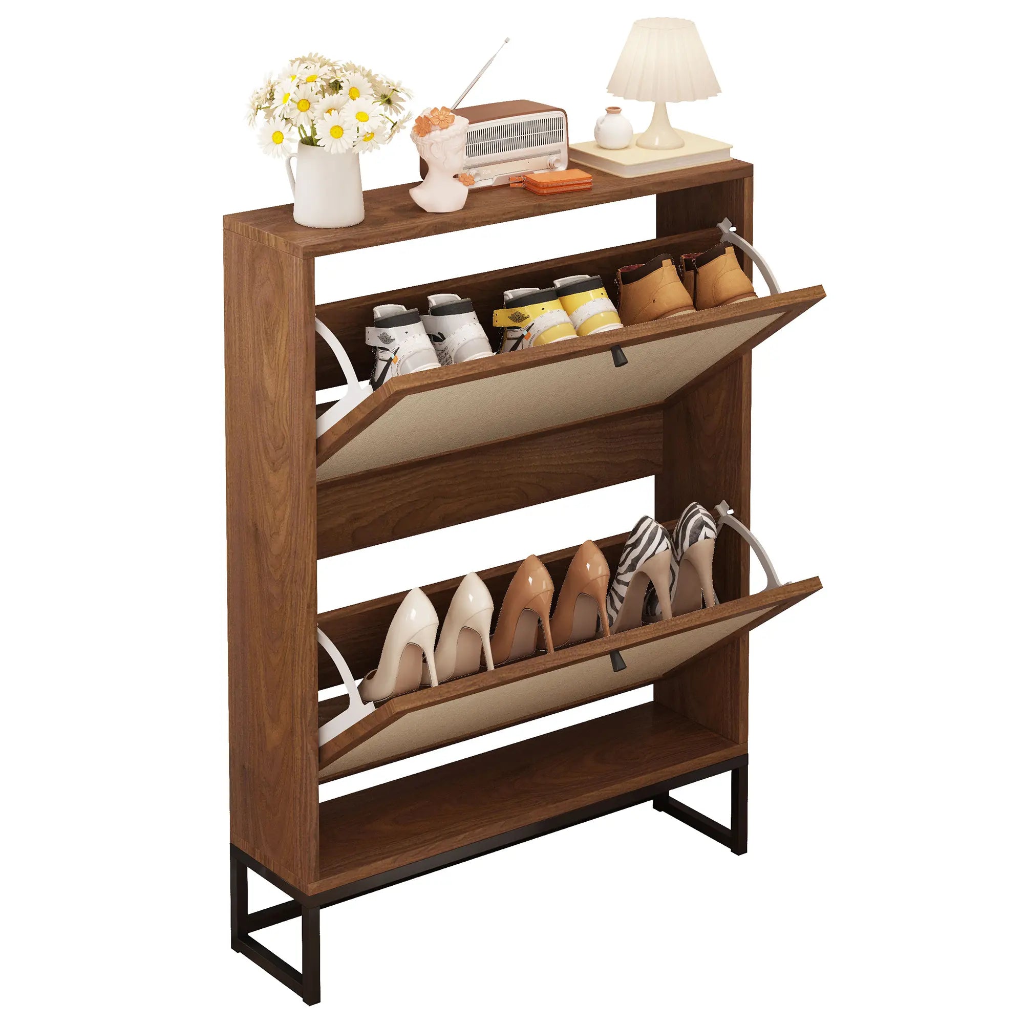 Giratree Slim Shoe Cabinet for Entryway, 34.7'' Hidden Shoe Storage Cabinet with Flip Drawers, Narrow Freestanding Shoe Rack Organizer with Metal Base and Linen Door Accent