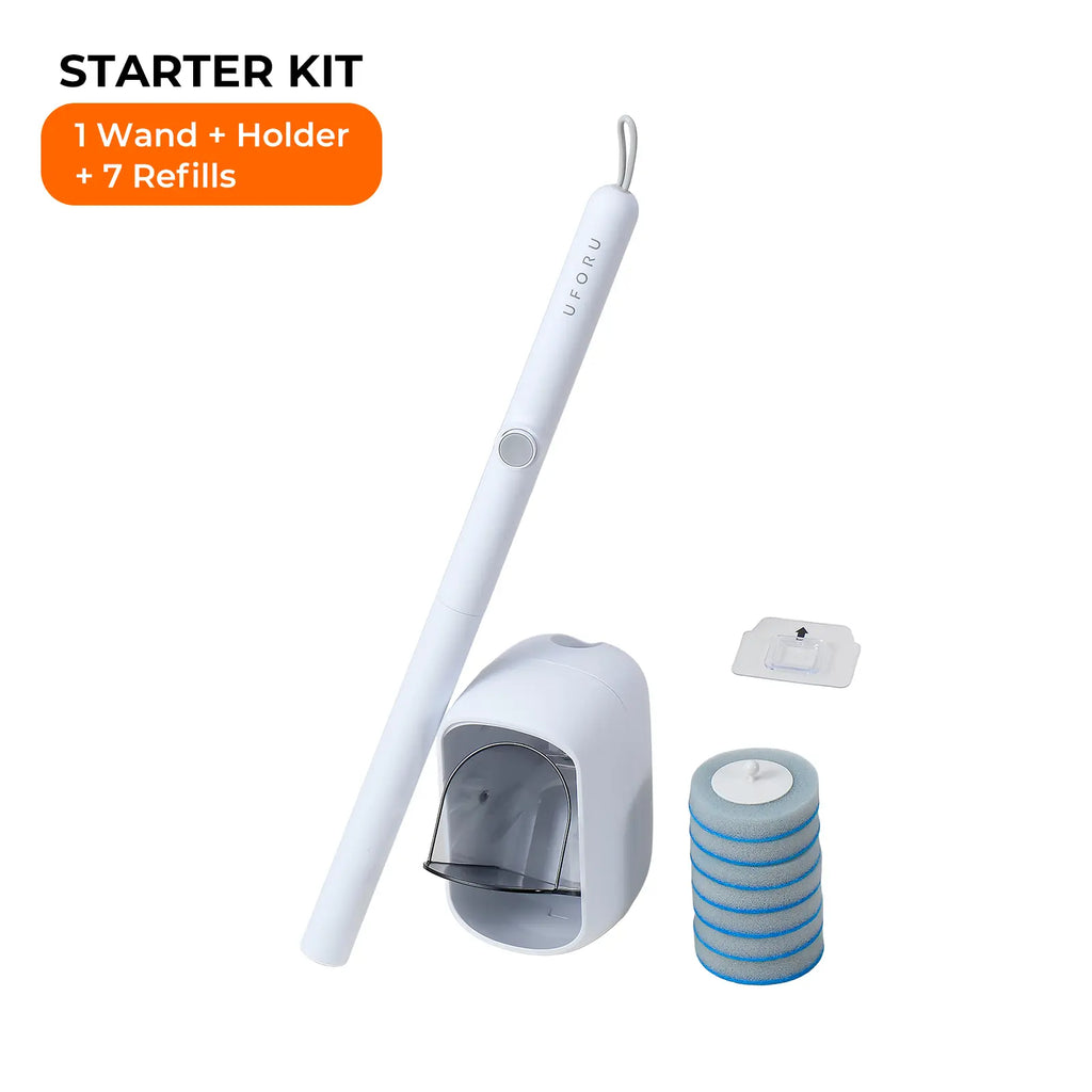 UFORU Disposable Toilet Brush System with Wall Mount Holder, Toilet Cleaning Wand with Built-In Cleaner Refills, No-Touch Press Release Toilet Bowl Scrubber for Bathroom Cleaning