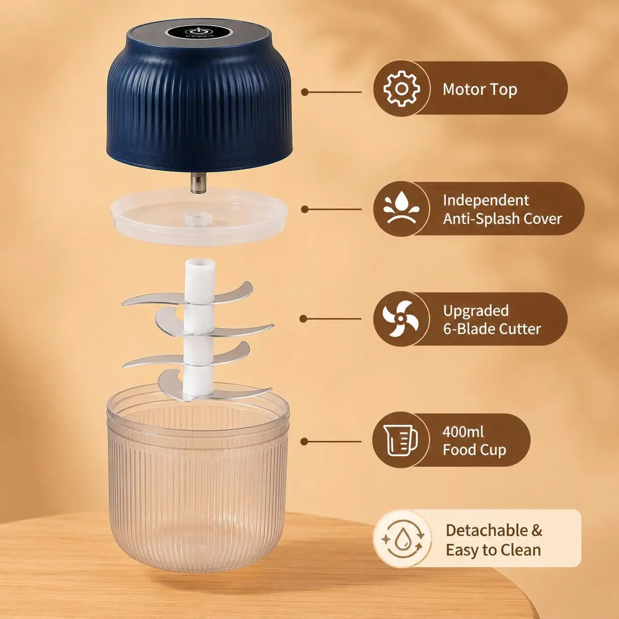 Upgraded 400Ml Electric Food Chopper – 6-Blade USB Rechargeable Mini Food Processor – High-Speed Grinding for Garlic, Meat, Vegetables & Herbs – One-Touch Operation for Quick Meal Prep – Portable Kitchen Gadget for Home & Camping
