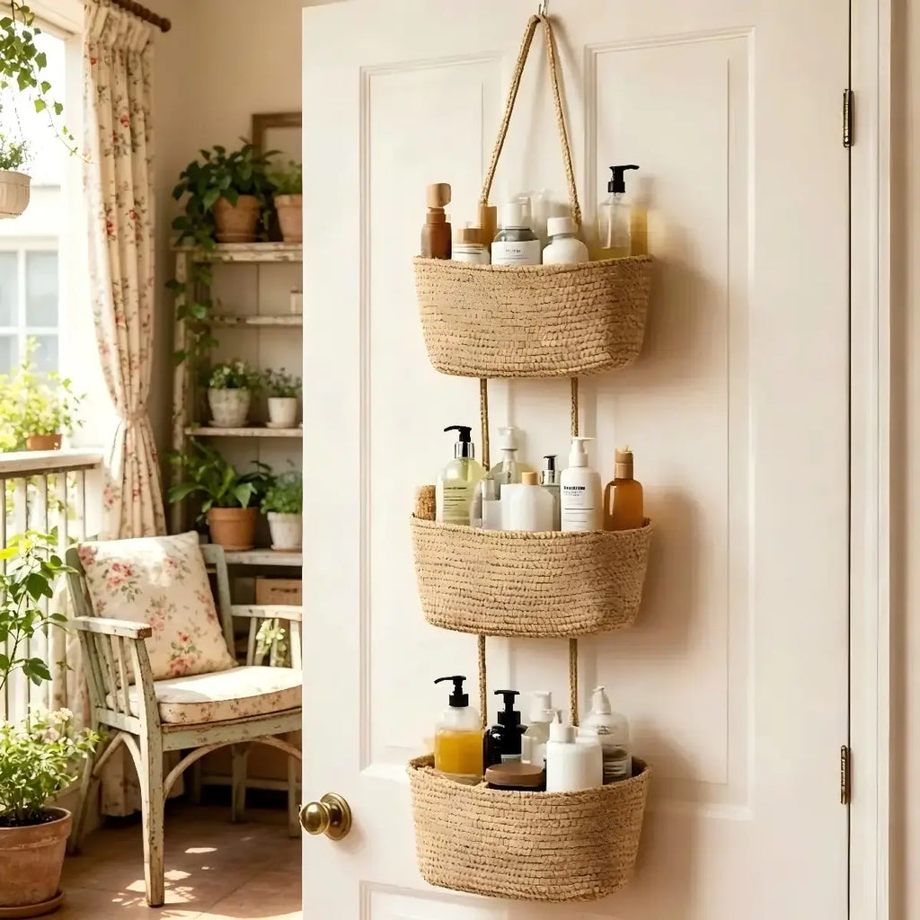 3-Tier Woven Cotton Over-The-Door Hanging Wall Basket, Jute Home Organizer Storage - Woven Cotton Feels Natural, Adds Warm Woven Charm to Any Room, Ideal for Dorm Back-To-School, Baby Wipes & Light Toys Storage, Storage Organizer