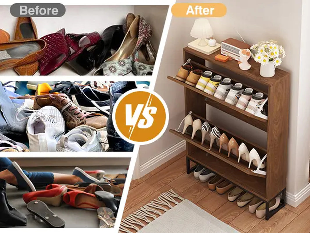 Giratree Slim Shoe Cabinet for Entryway, 34.7'' Hidden Shoe Storage Cabinet with Flip Drawers, Narrow Freestanding Shoe Rack Organizer with Metal Base and Linen Door Accent