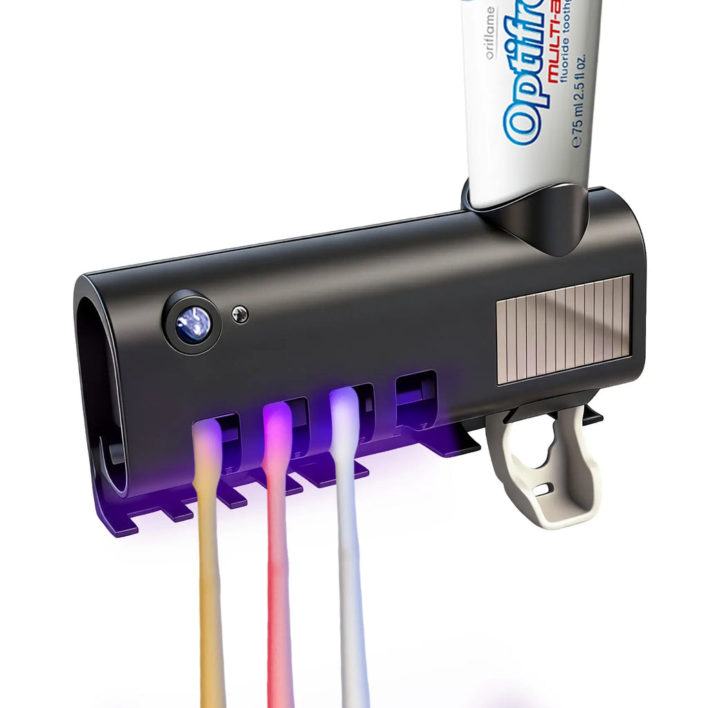 ABS Plastic 4-Slot Family Design Toothbrush Holder Organizers, Space-Saving Wall-Mounted Bathroom Accessory, Drill-Free Self-Adhesive, UV Sanitizer, Integrated Toothpaste Dispenser, Cordless Smart Durable (Box Packaging for Apartments, Small Bathrooms)