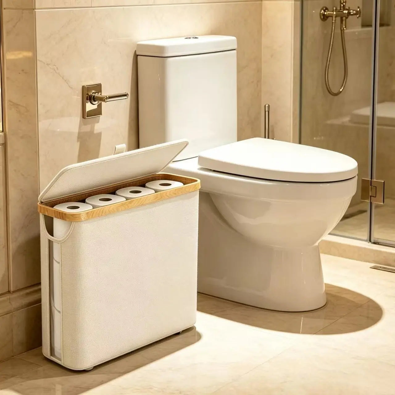 Large Capacity Bamboo Paper Towel Storage Basket | Holds 9-12 Rolls, Dustproof, Beautiful Toilet Paper Storage, 600D Oxford Cloth, Black, Beige, and Gray Colors, Suitable for Modern Fashion Bathroom, Toilet Paper Storage Containers