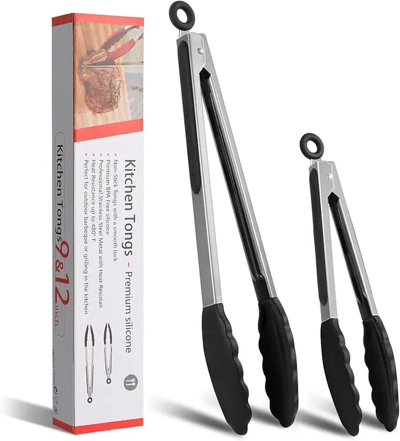 Kitchen Tongs with Silicone Tips - Stainless Steel Heat-Resistant BBQ Tongs Set, Non-Scratch for Nonstick Pans, 10& 13 Inch, Pull Lock Design Utensils
