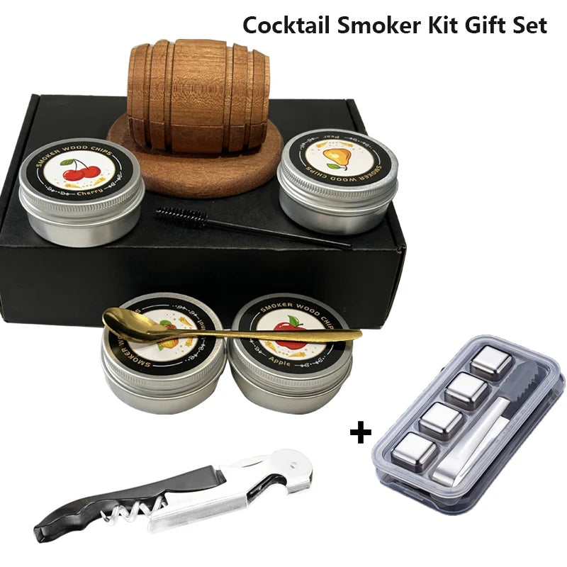 Cocktail Smoker Kit with Apple Cherry Oak Pecan Wood Chips Whiskey Wooden Smoked Wood Hood Smoker for Bar Drinks Kitchen Tools