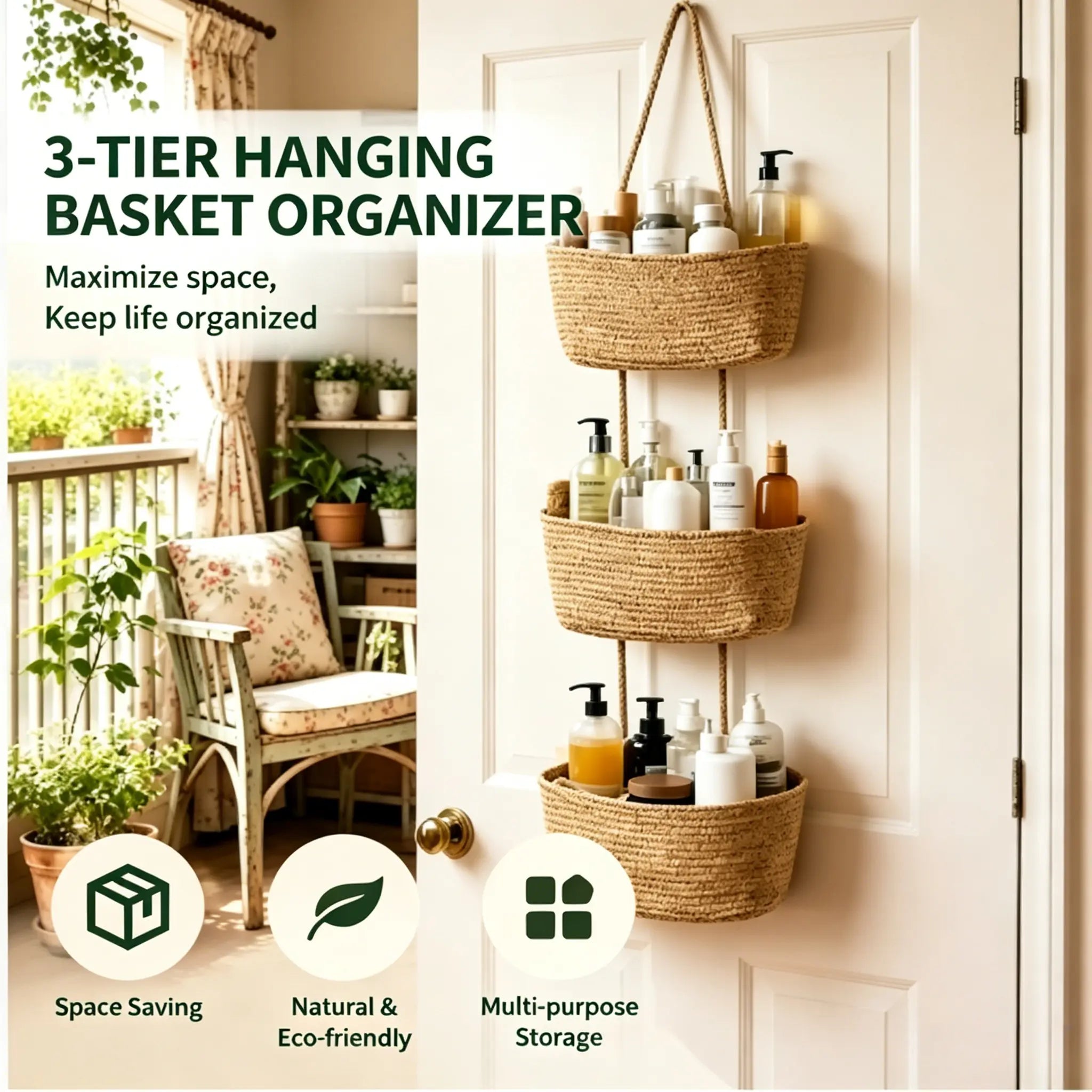 3-Tier Woven Cotton Over-The-Door Hanging Wall Basket, Jute Home Organizer Storage - Woven Cotton Feels Natural, Adds Warm Woven Charm to Any Room, Ideal for Dorm Back-To-School, Baby Wipes & Light Toys Storage, Storage Organizer