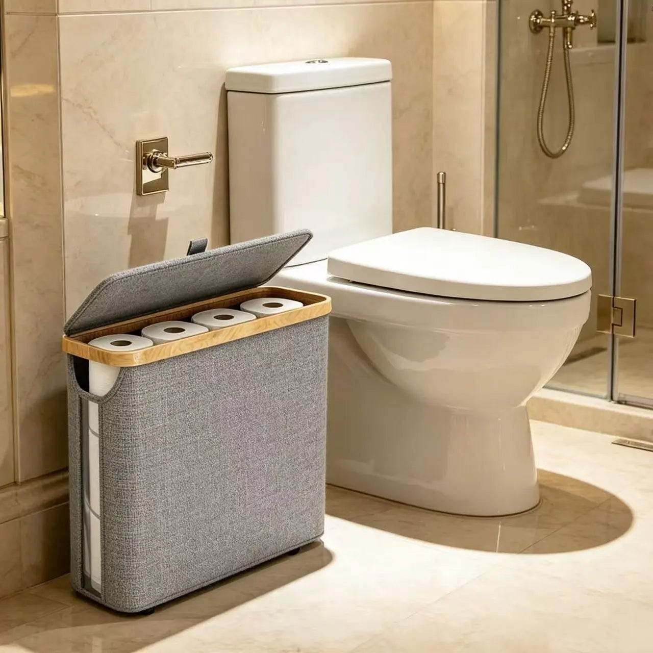 Large Capacity Bamboo Paper Towel Storage Basket | Holds 9-12 Rolls, Dustproof, Beautiful Toilet Paper Storage, 600D Oxford Cloth, Black, Beige, and Gray Colors, Suitable for Modern Fashion Bathroom, Toilet Paper Storage Containers