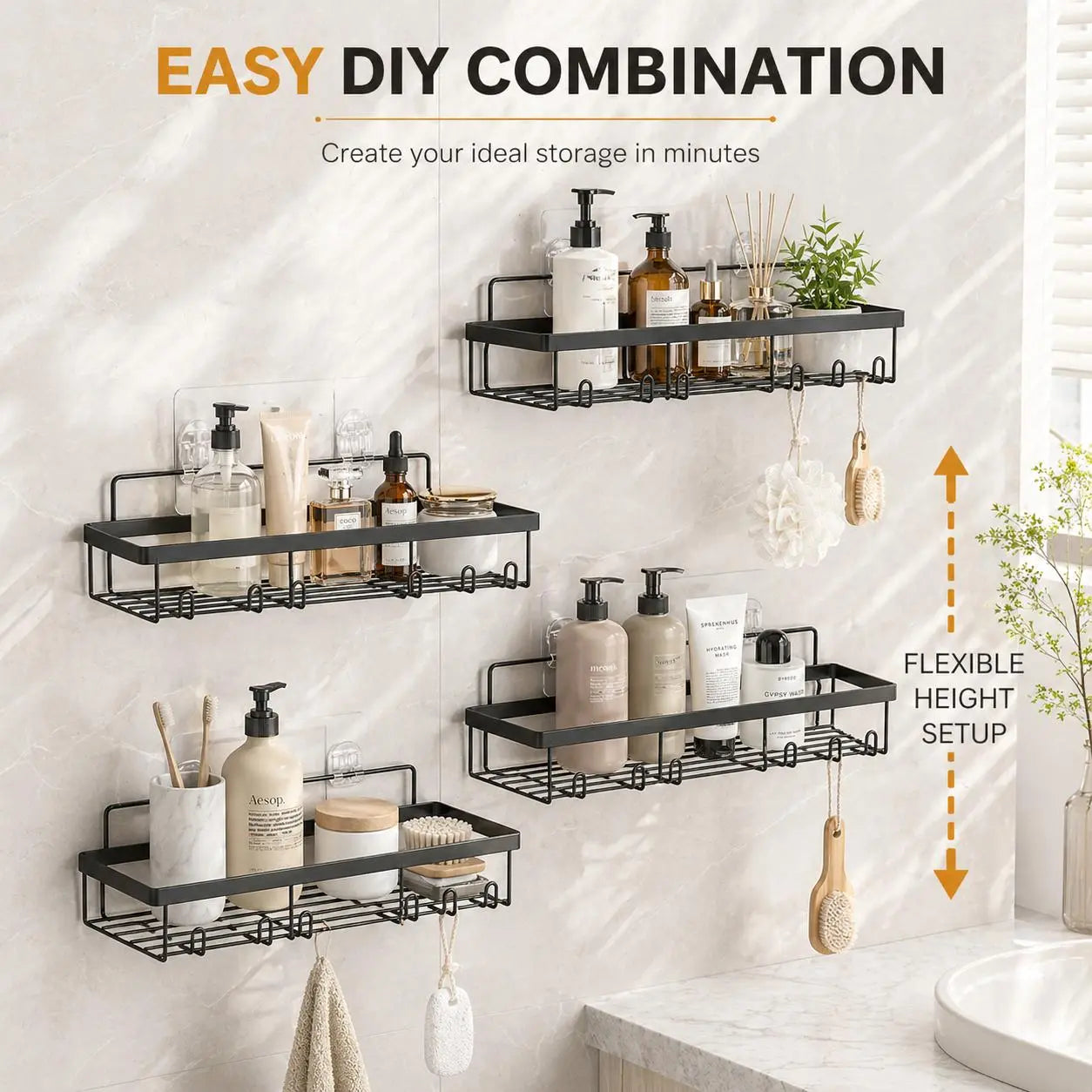 【Dealsforyoudays】Snofrid Shower Caddy 6-Pack, Advanced Rustproof Design, No Drilling Adhesive Shelves, Rack with Soap Holder, Large Capacity Bathroom Organizers and Storage, Wall-Mounted Kitchen & Home Decor