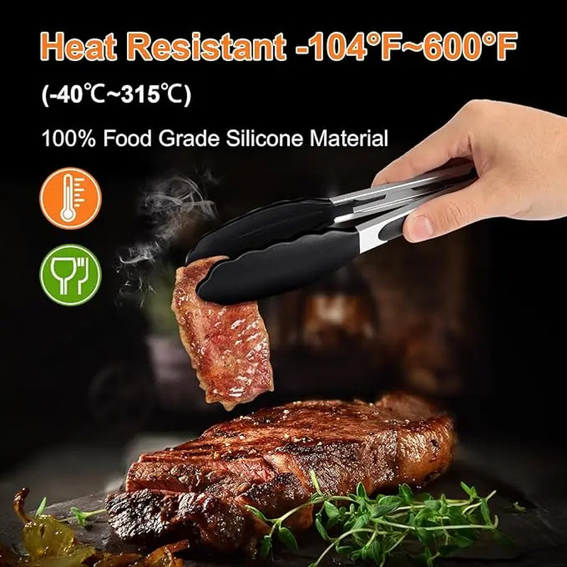 Kitchen Tongs with Silicone Tips - Stainless Steel Heat-Resistant BBQ Tongs Set, Non-Scratch for Nonstick Pans, 10& 13 Inch, Pull Lock Design Utensils