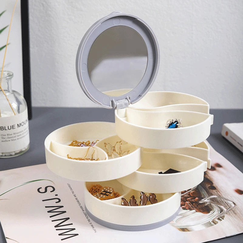 Rotating Four-Layer Jewelry Box Necklace Earrings Ring Bracelet Storage Organizer Multilayer Compartment Storage Box with Mirror