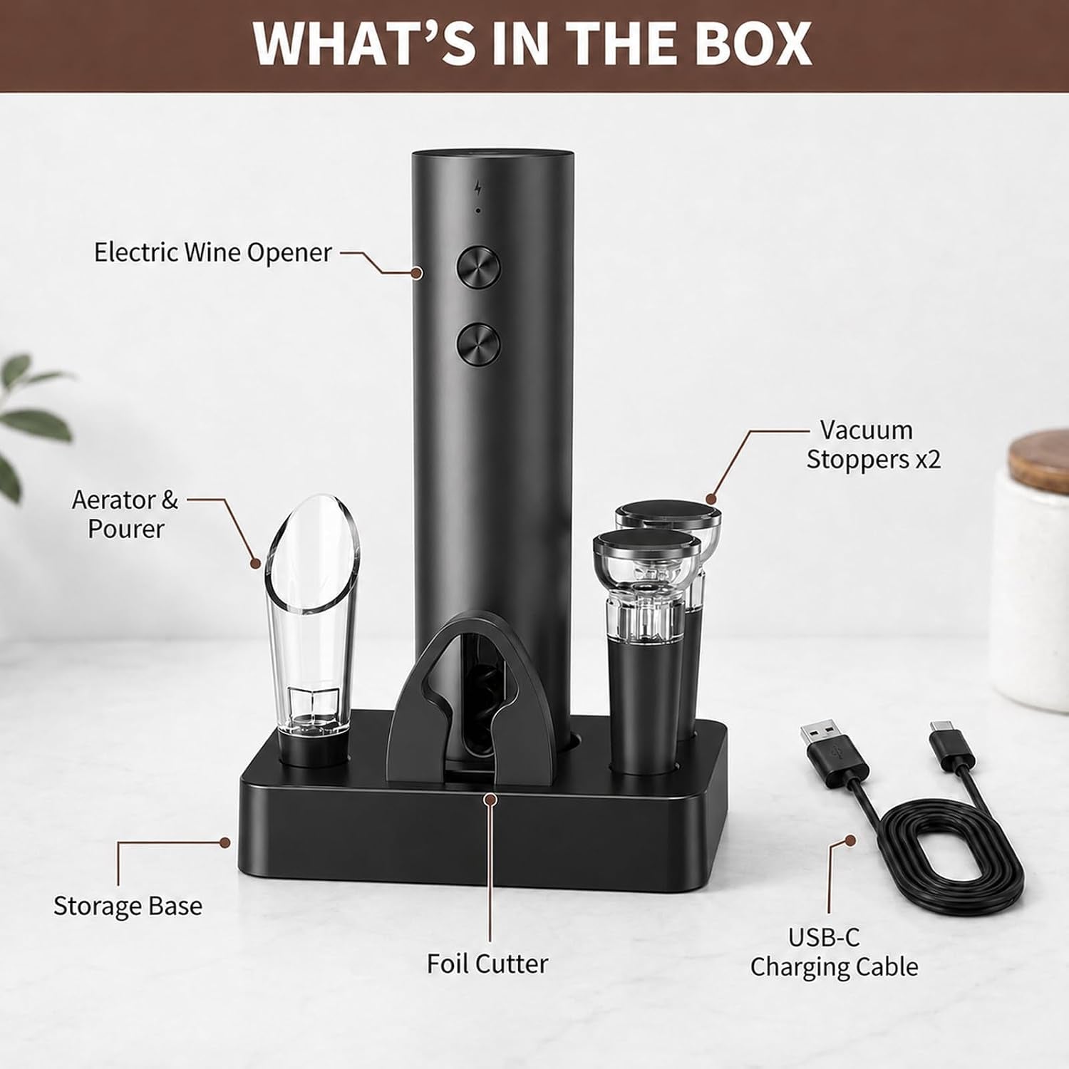 Electric Wine Opener, Rechargeable Automatic Wine Bottle Opener Set | Electric Corkscrew Wine Opener with Foil Cutter, Aerator Pourer, 2 Vacuum Stoppers, Storage Base, Gift for Wine Lovers, Black