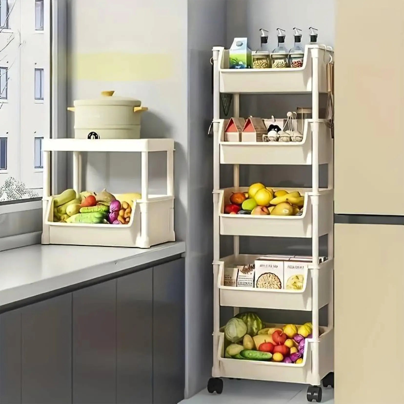 Multifunctional Multi-Layer Plastic Storage Cartwith Wheels, Layered Shelf Organizer for Bedroomkitchen Bathroom Living Room Adjustable Dividers Beige,Dorm Essentials,Home Decor