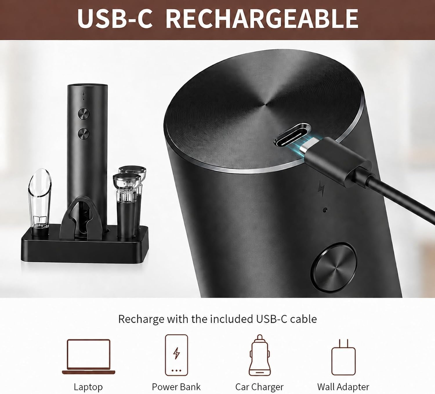 Electric Wine Opener, Rechargeable Automatic Wine Bottle Opener Set | Electric Corkscrew Wine Opener with Foil Cutter, Aerator Pourer, 2 Vacuum Stoppers, Storage Base, Gift for Wine Lovers, Black