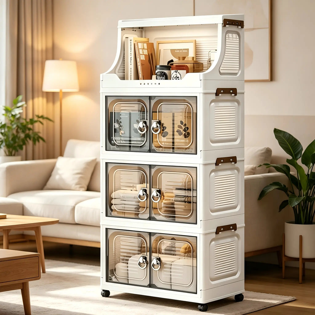 2-6Tier Large Capacity Storage Cabinet with Lid, Stackable Wardrobe Storage Box, Foldable Plastic Organizer Cabinet with Doors & Wheels, Tool-Free Assembly Space-Saving Storage Bin for Home, Living Room, Office & Dormitory
