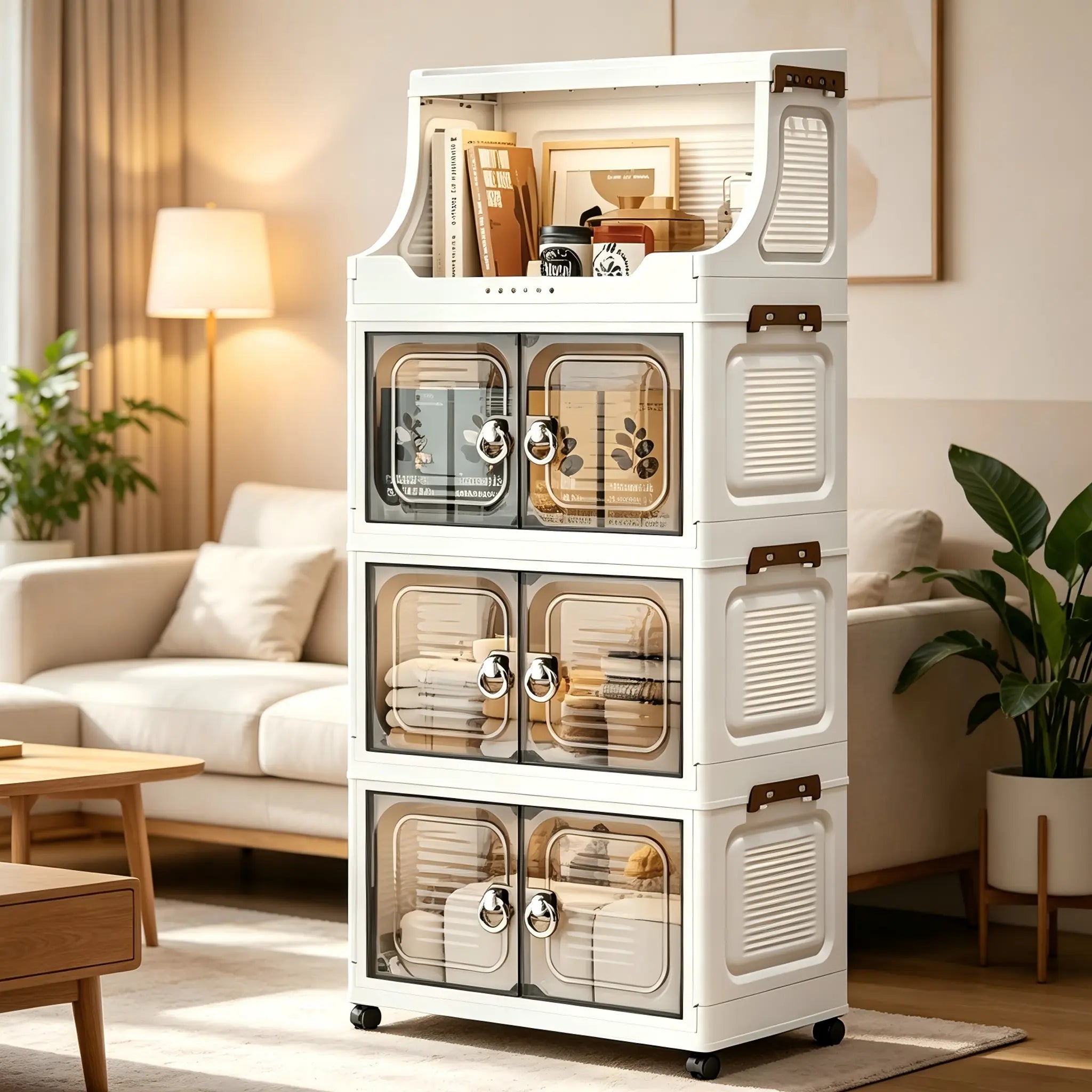 2-6Tier Large Capacity Storage Cabinet with Lid, Stackable Wardrobe Storage Box, Foldable Plastic Organizer Cabinet with Doors & Wheels, Tool-Free Assembly Space-Saving Storage Bin for Home, Living Room, Office & Dormitory