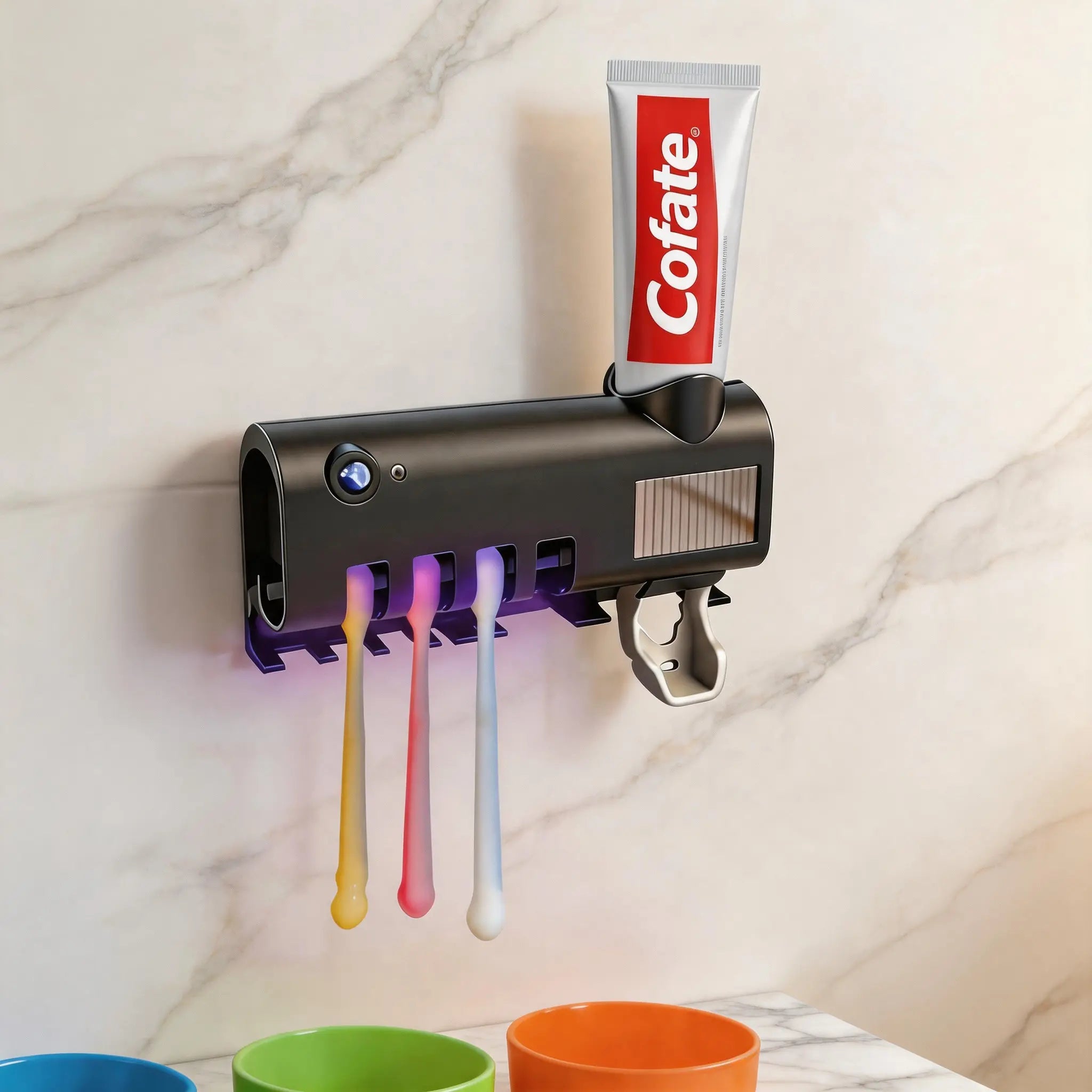 ABS Plastic 4-Slot Family Design Toothbrush Holder Organizers, Space-Saving Wall-Mounted Bathroom Accessory, Drill-Free Self-Adhesive, UV Sanitizer, Integrated Toothpaste Dispenser, Cordless Smart Durable (Box Packaging for Apartments, Small Bathrooms)