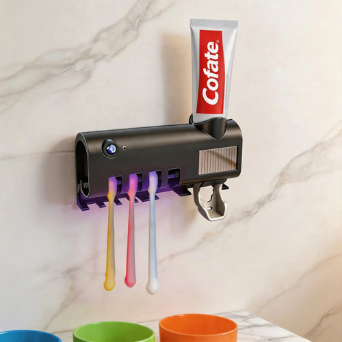 ABS Plastic 4-Slot Family Design Toothbrush Holder Organizers, Space-Saving Wall-Mounted Bathroom Accessory, Drill-Free Self-Adhesive, UV Sanitizer, Integrated Toothpaste Dispenser, Cordless Smart Durable (Box Packaging for Apartments, Small Bathrooms)