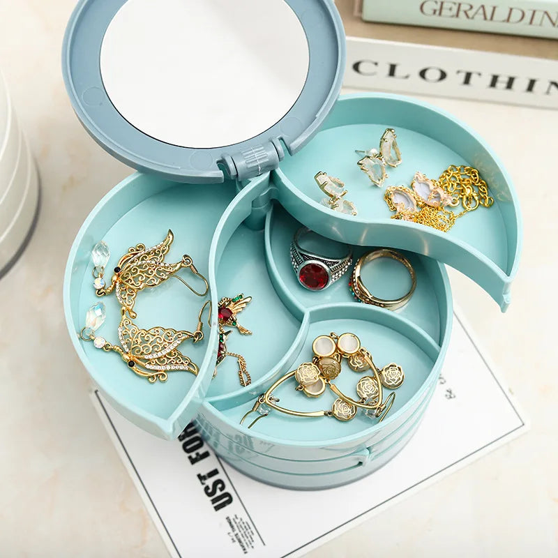 Rotating Four-Layer Jewelry Box Necklace Earrings Ring Bracelet Storage Organizer Multilayer Compartment Storage Box with Mirror