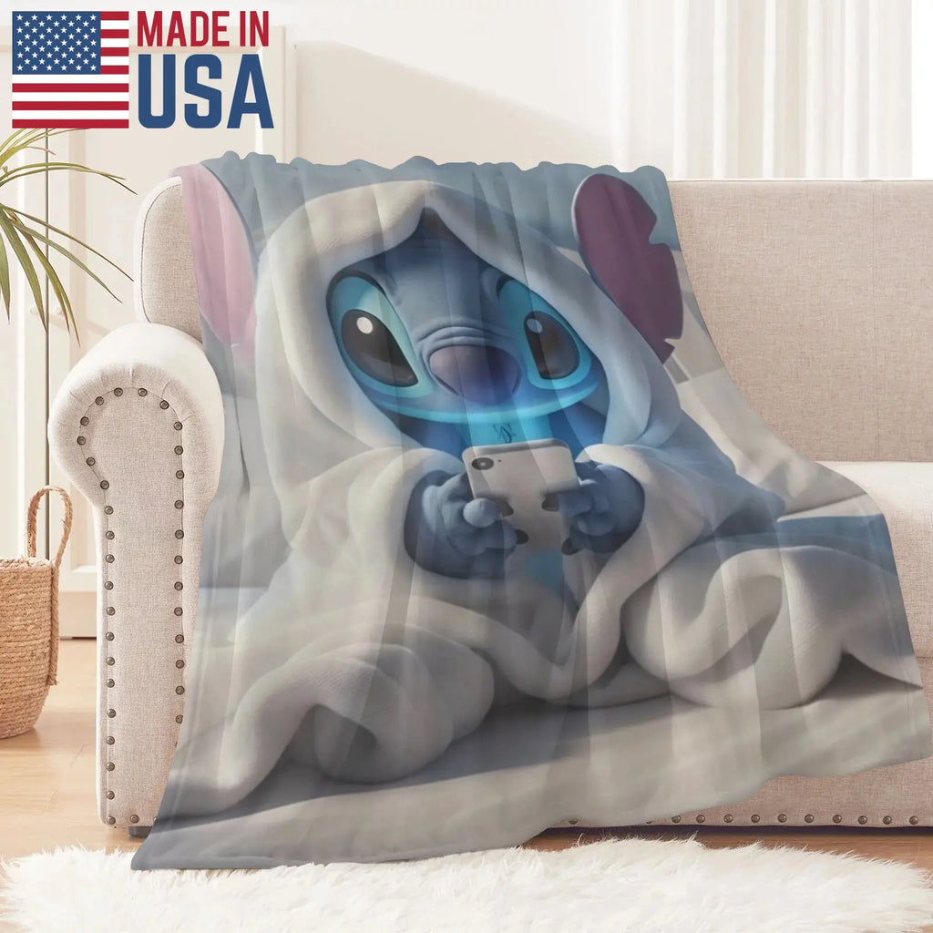 Disney Stitch Printed Throw Blanket, with Phone User Pattern Soft Flannel Cozy All Season Cover for Sofa Bed, Office Teens and Kids