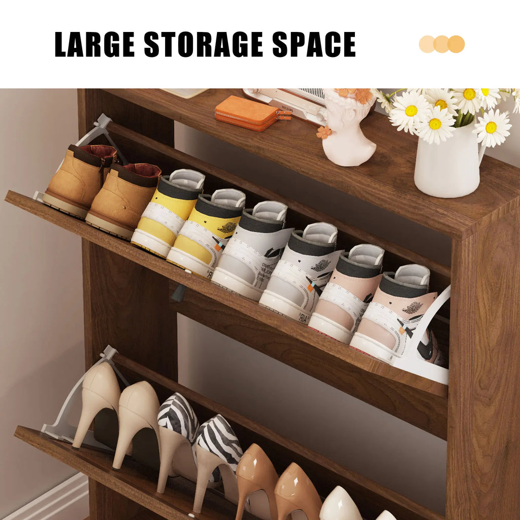 Giratree Slim Shoe Cabinet for Entryway, 34.7'' Hidden Shoe Storage Cabinet with Flip Drawers, Narrow Freestanding Shoe Rack Organizer with Metal Base and Linen Door Accent
