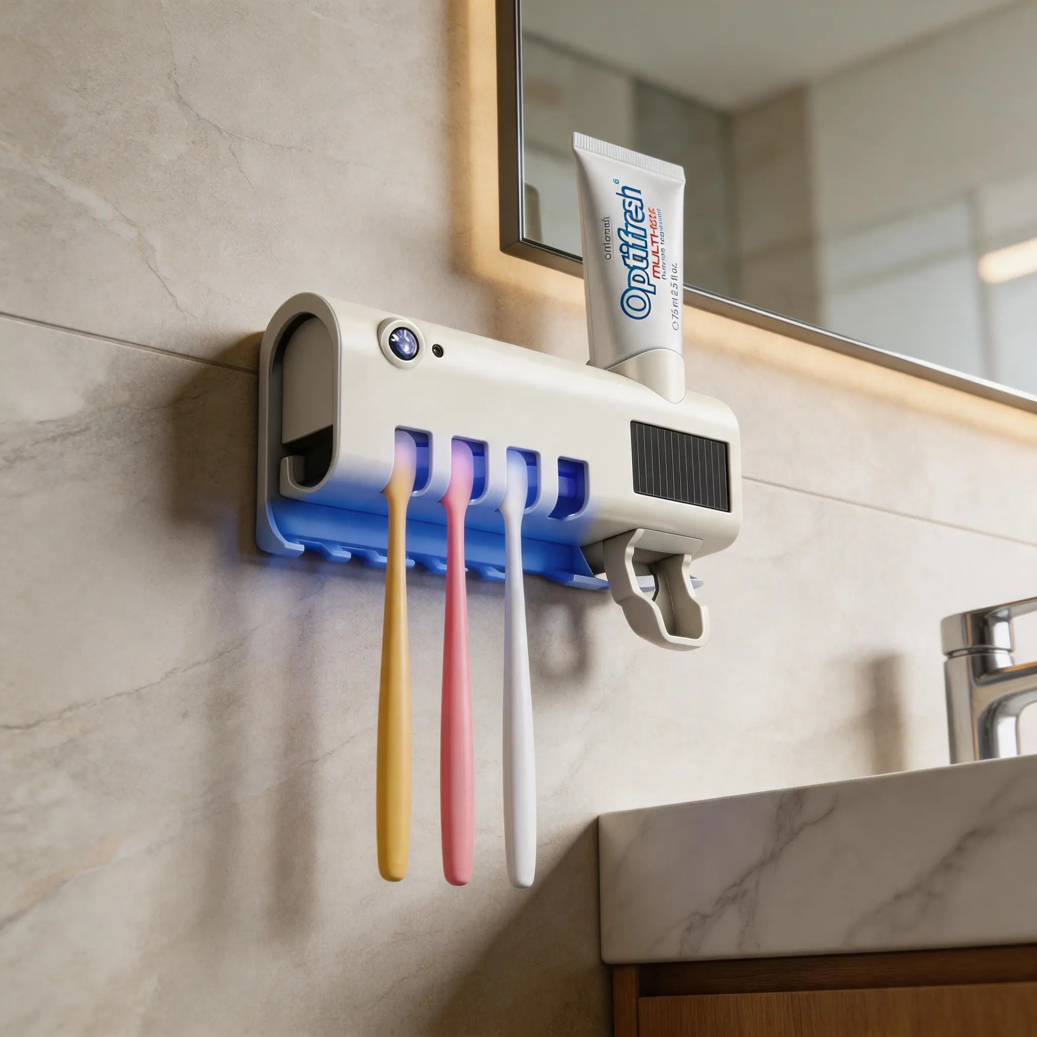ABS Plastic 4-Slot Family Design Toothbrush Holder Organizers, Space-Saving Wall-Mounted Bathroom Accessory, Drill-Free Self-Adhesive, UV Sanitizer, Integrated Toothpaste Dispenser, Cordless Smart Durable (Box Packaging for Apartments, Small Bathrooms)